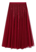 Ravishing Sequins Mesh Tulle Midi Skirt in Red