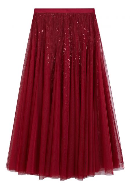 Ravishing Sequins Mesh Tulle Midi Skirt in Red