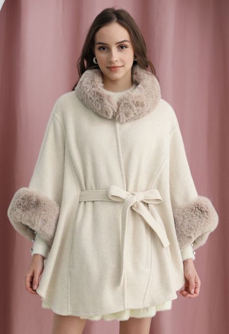 Self-Tie Bowknot Faux Fur Poncho in Oatmeal
