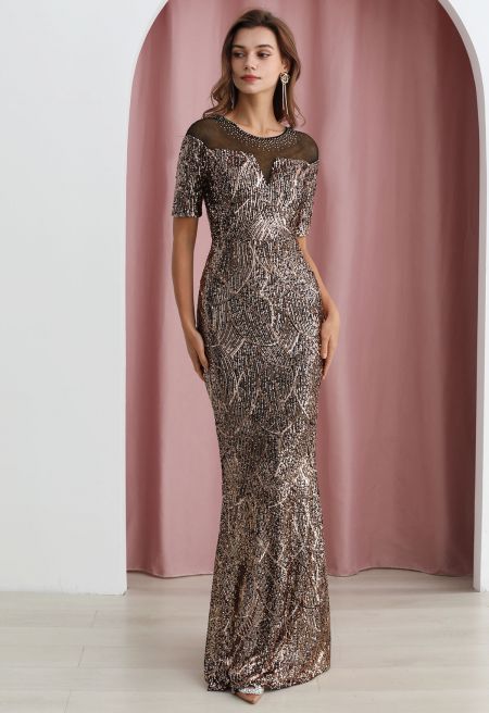 Mesh Panelled Shoulder Sequin Mermaid Gown in Black