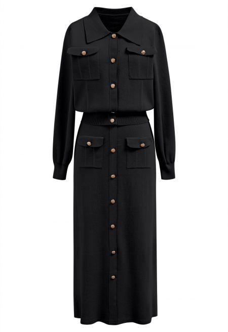 Standout Button Embellished Knit Top and Midi Skirt Set in Black