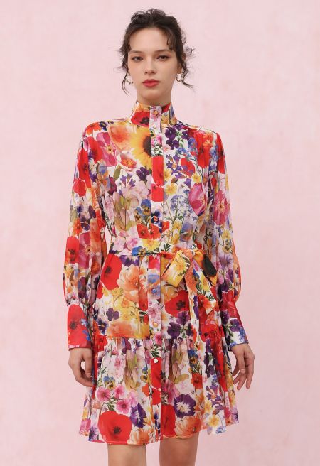 Garden Symphony Tie Waist Chiffon Dress