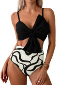Front Knot Ruched Bikini Set in Black Print