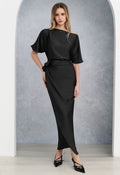 Satin Short-Sleeve Wrapped Waist Maxi Dress in Black