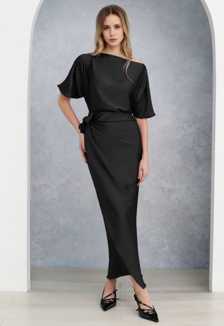 Satin Short-Sleeve Wrapped Waist Maxi Dress in Black