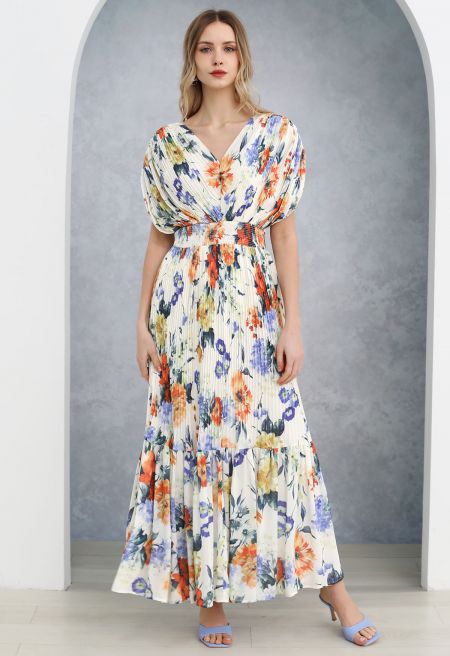 Vernal Blossom Pleated Maxi Dress