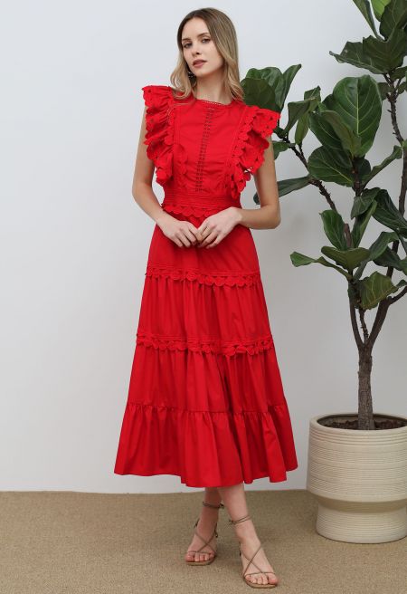 Crochet Trim Sleeveless Midi Dress in Red
