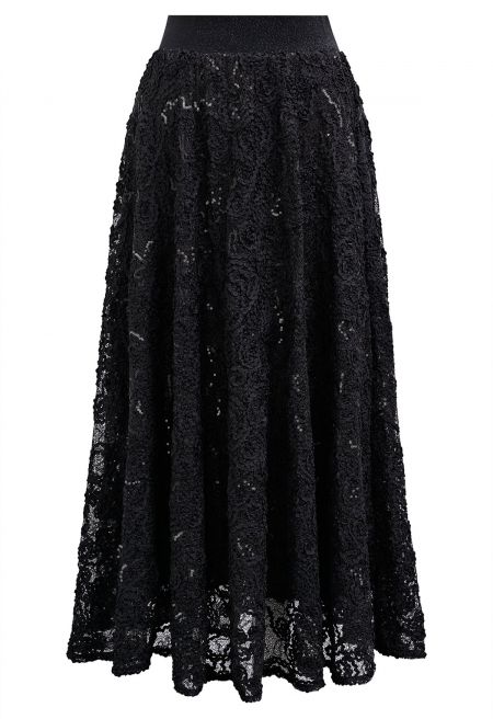Floral Crochet Sequin Embellished Fishnet Maxi Skirt in Black