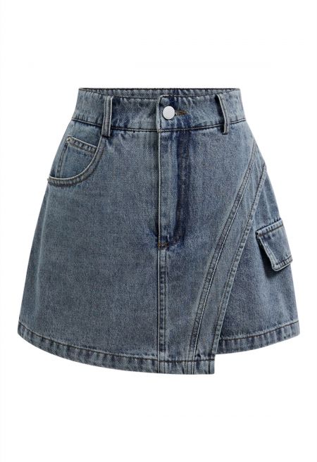 Edgy Curved Seam Flap Denim Skorts in Light Blue