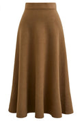Solid Color A-Line Knit Midi Skirt in Camel