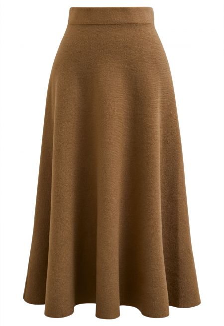 Solid Color A-Line Knit Midi Skirt in Camel