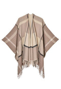 Geometric Grid Fringed Hem Poncho in Tan