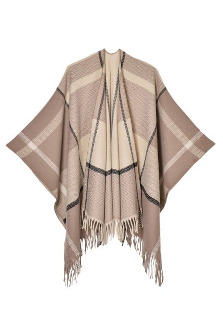 Geometric Grid Fringed Hem Poncho in Tan