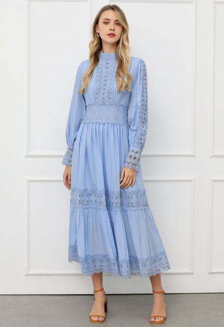 Victorian Elegance Cutwork Lace Maxi Dress in Baby Blue