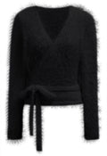 Wrap V-Neck Tie-Waist Fuzzy Knit Top in Black