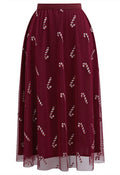 Shimmer Candy Cane Mesh Tulle Midi Skirt in Burgundy