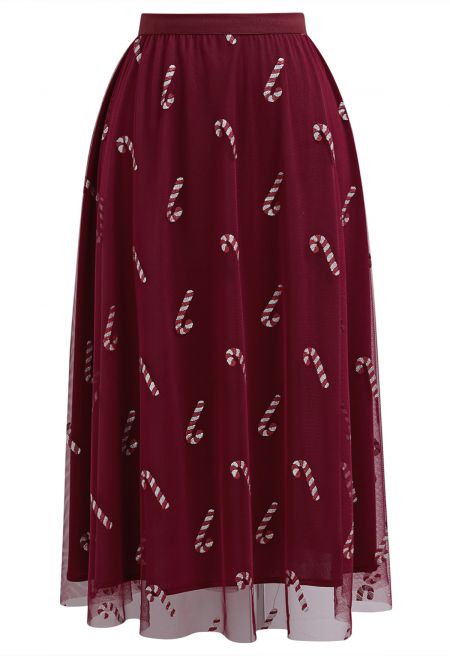 Shimmer Candy Cane Mesh Tulle Midi Skirt in Burgundy