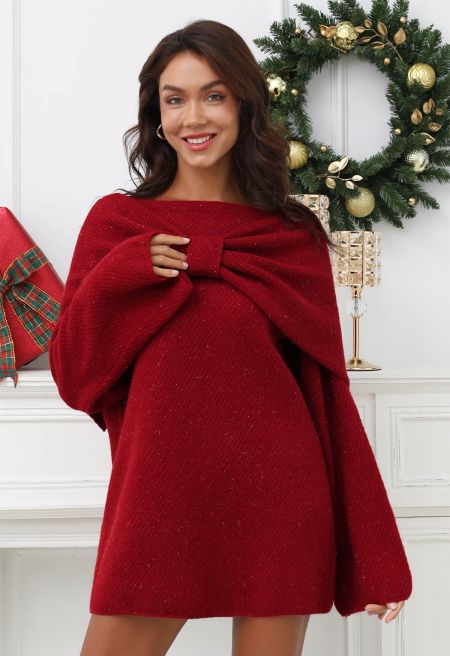 Bowknot 2 Pieces Metallic Mix Knit Sweater Dress in Red UNIQUIV Bowknot 2 Pieces Metallic Mix Knit Sweater Dress in Red UNIQUIV