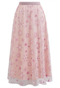 Glitter Star Snowflake Mesh Tulle Midi Skirt in Pink