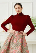 Turtleneck Gigot Sleeve Knit Top in Burgundy