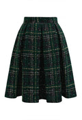 Shining Plaid High Waist Pleated Tweed Skirt in Dark Green