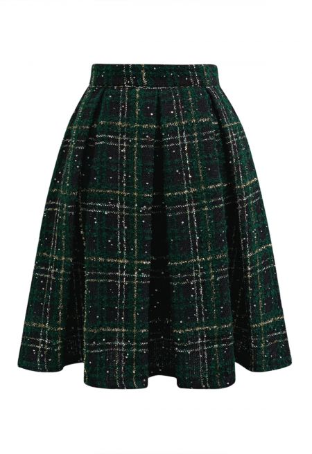 Shining Plaid High Waist Pleated Tweed Skirt in Dark Green