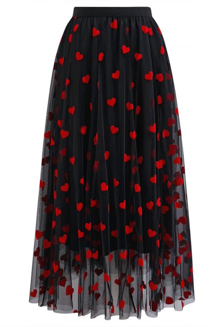 3D Heart Double-Layered Mesh Maxi Skirt in Black