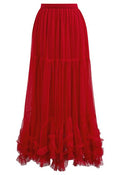 Ruffle Hem Double-Layered Mesh Maxi Skirt in Red