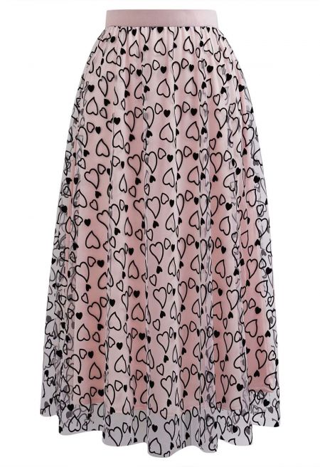 Endearing Velvet Heart Mesh Midi Skirt in Pink
