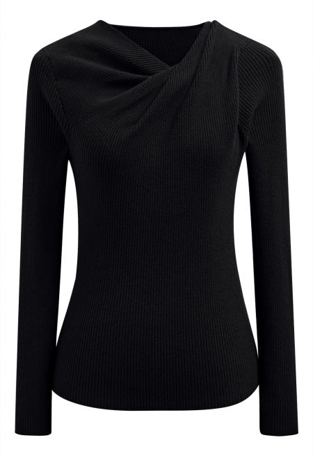 Twist Neckline Ribbed Knit Top in Black