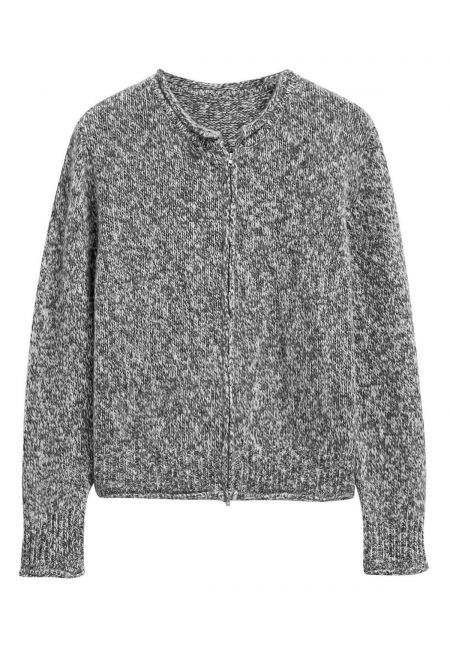 Double-Zip Scrolled Edge Mix-Knit Cardigan in Smoke