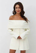 Folded Off-Shoulder Buttoned Blazer in Ivory