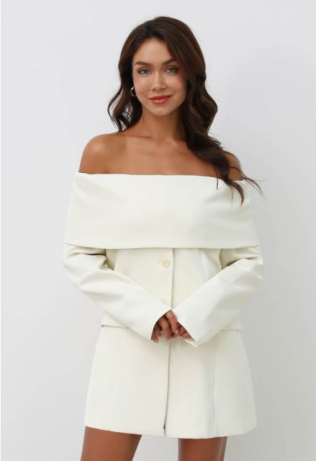Folded Off-Shoulder Buttoned Blazer in Ivory