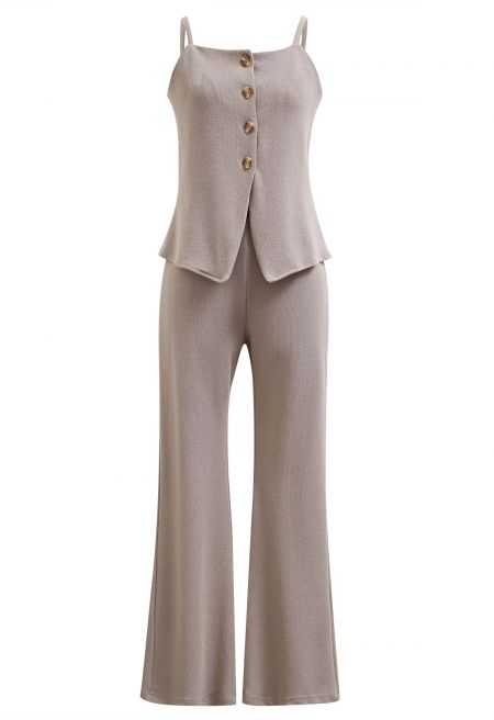 Button Front Asymmetric Cami Top and Pants Set in Taupe