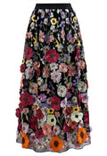 3D Floral Applique Mesh Tulle Maxi Skirt in Black