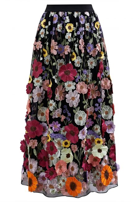 3D Floral Applique Mesh Tulle Maxi Skirt in Black