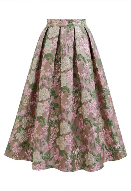 Sweet Brilliance Floral Embossed Jacquard Pleated Midi Skirt