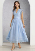 V-Neck Lace Panelled Sleeveless Maxi Dress in Baby Blue
