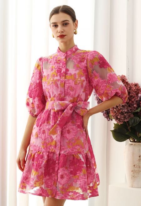 Floral Jacquard Puff Sleeves Organza Buttoned Belted Dolly Dress