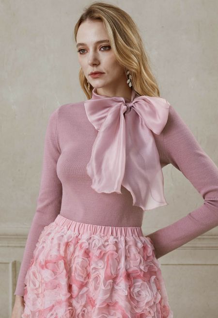 Organza Bowknot Neckline Knit Top in Dusty Pink