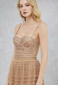 Rhinestone Lace Embroidered Bustier Mesh Crop Top in Apricot