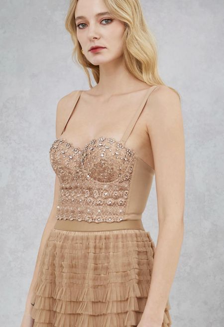 Rhinestone Lace Embroidered Bustier Mesh Crop Top in Apricot