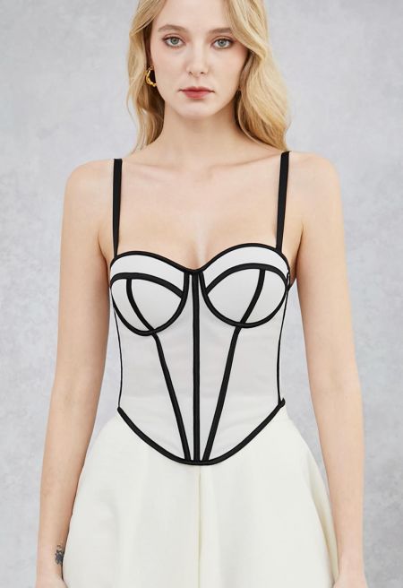 Contrast Binding Bustier Mesh Crop Top in White