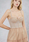 Crystal Embellished Bustier Mesh Crop Top in Apricot