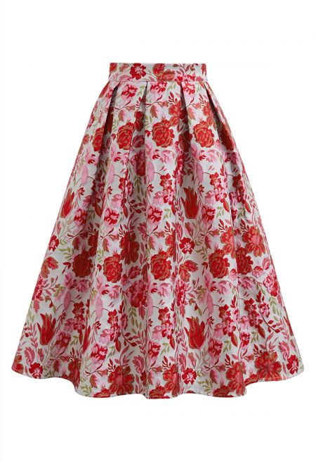 Reddish Flower Jacquard Pleated Midi Skirt