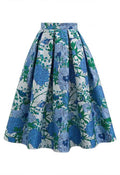 Blue Hues Floral Embossed Jacquard Pleated A-line Midi Skirt
