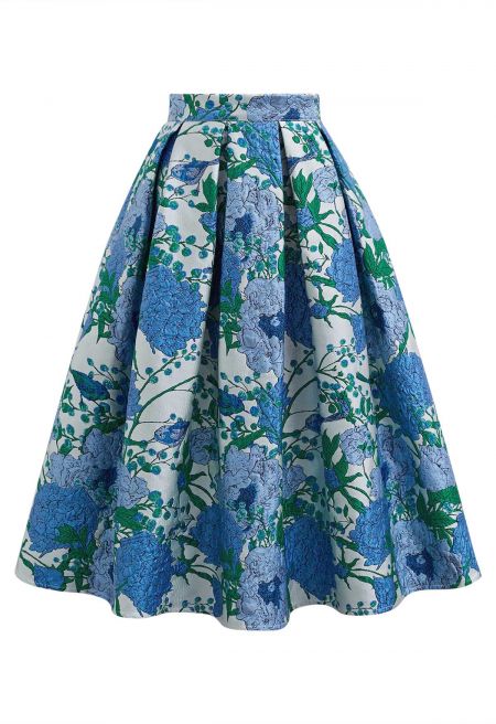 Blue Hues Floral Embossed Jacquard Pleated A-line Midi Skirt