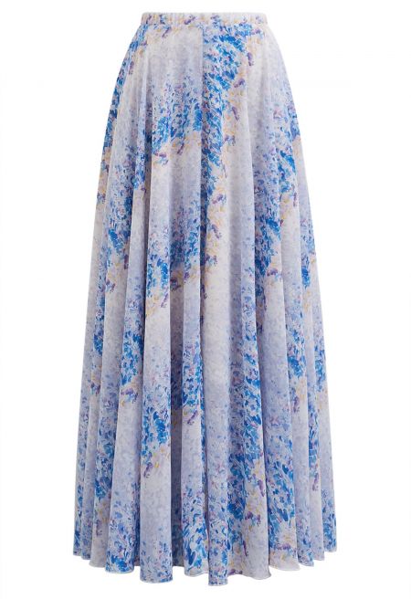 Watercolor Blue Floral Chiffon Maxi Skirt