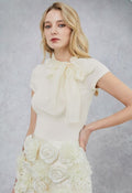 Organza Self-Tie Bowknot Short Sleeves Knit Top in Cream