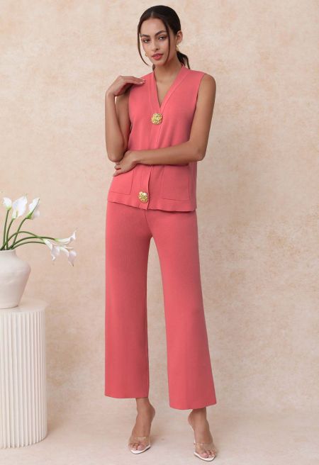 Golden Button Knit Vest and Pants Set in Coral
